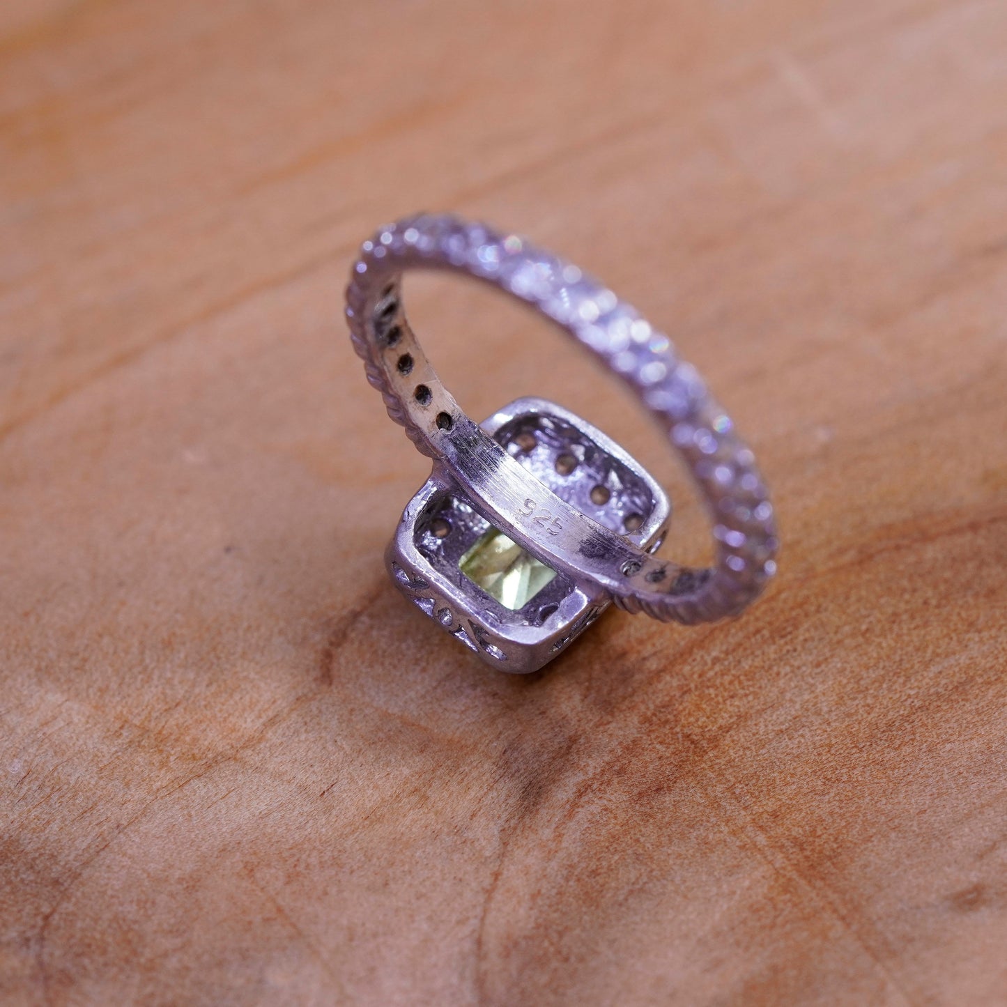 Size 7.5, vintage Sterling 925 silver handmade ring with peridot and cz