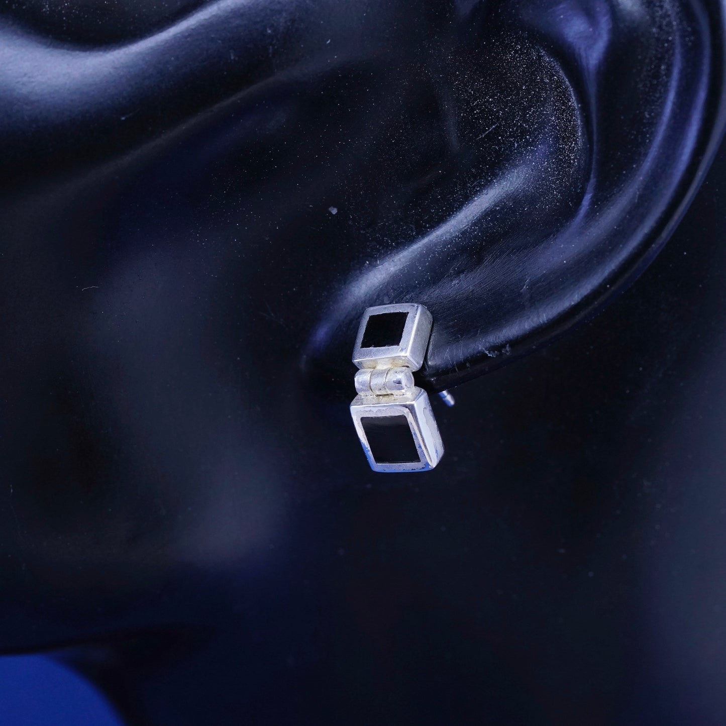Vintage Sterling silver handmade Square earrings with obsidian