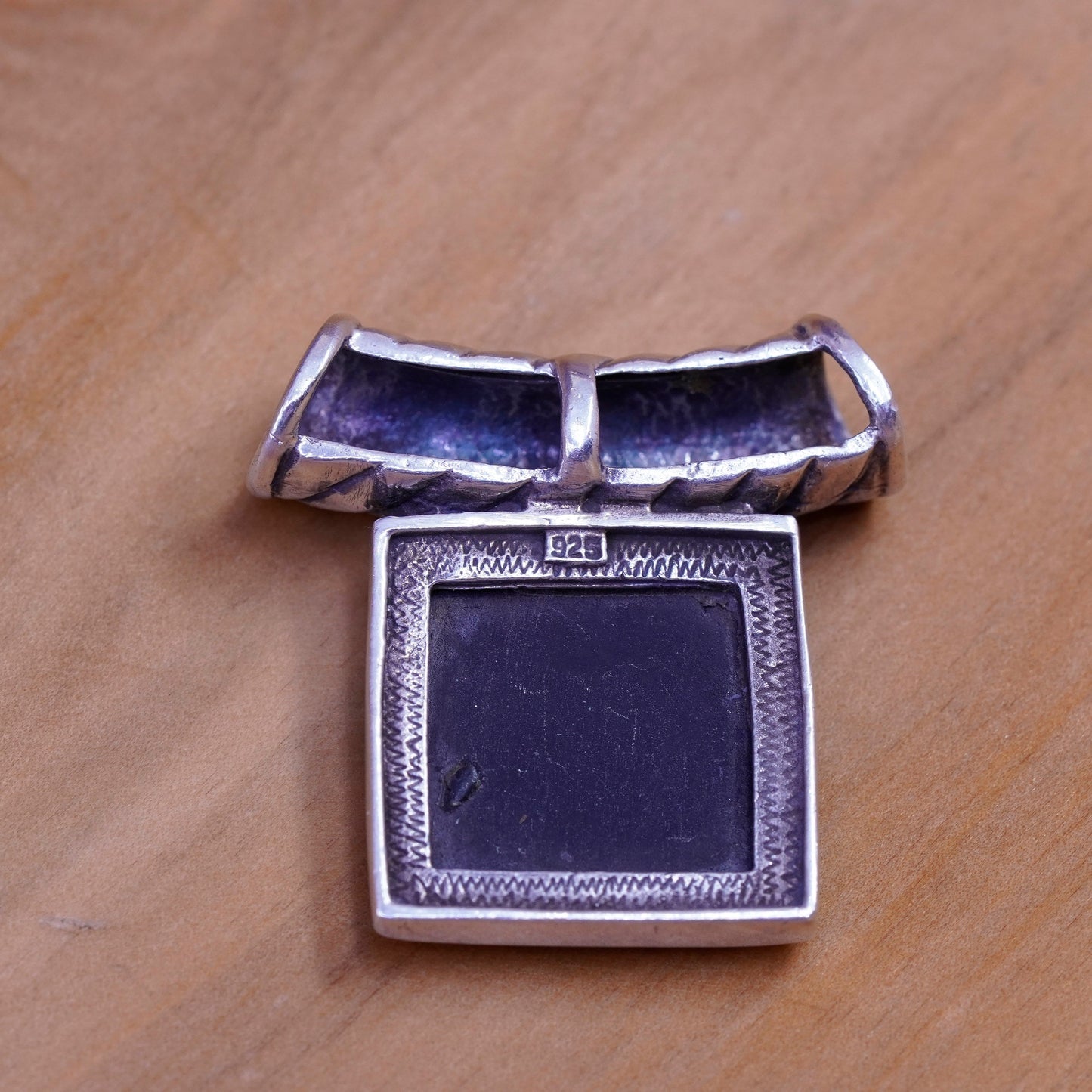 Sterling silver handmade pendant, Mexico 925 square obsidian, black onyx drop