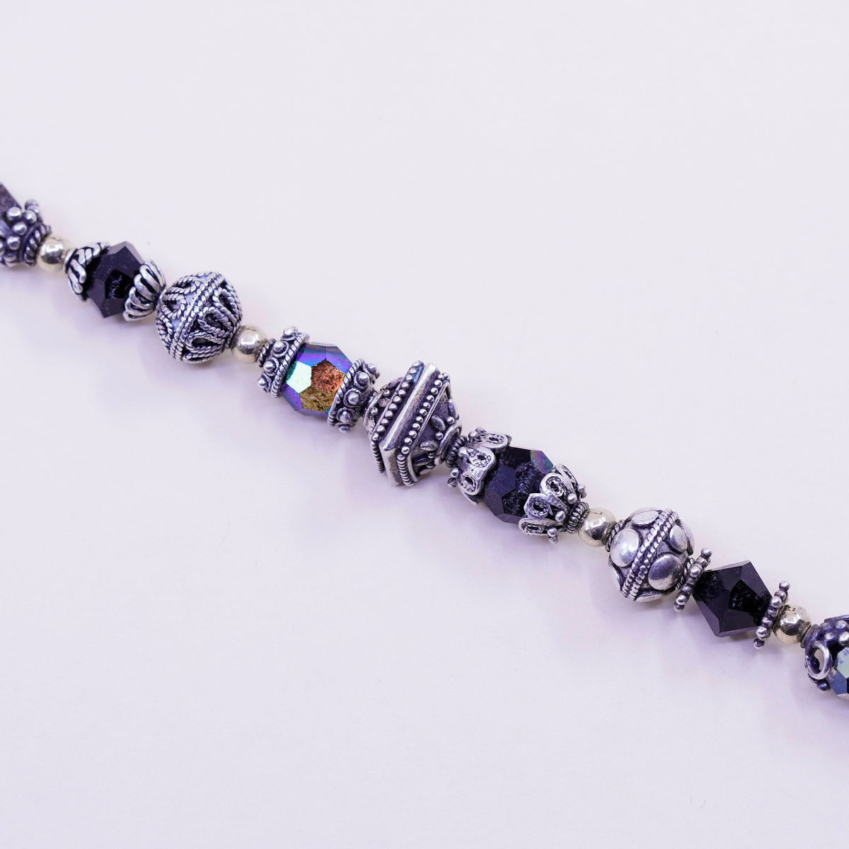 6.75”, vtg Sterling 925 silver handmade Bali bracelet, 14K gold beads crystal