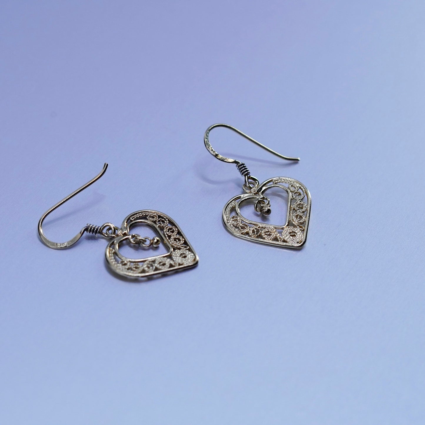 Vintage vermeil gold over Sterling 925 silver handmade filigree heart earrings