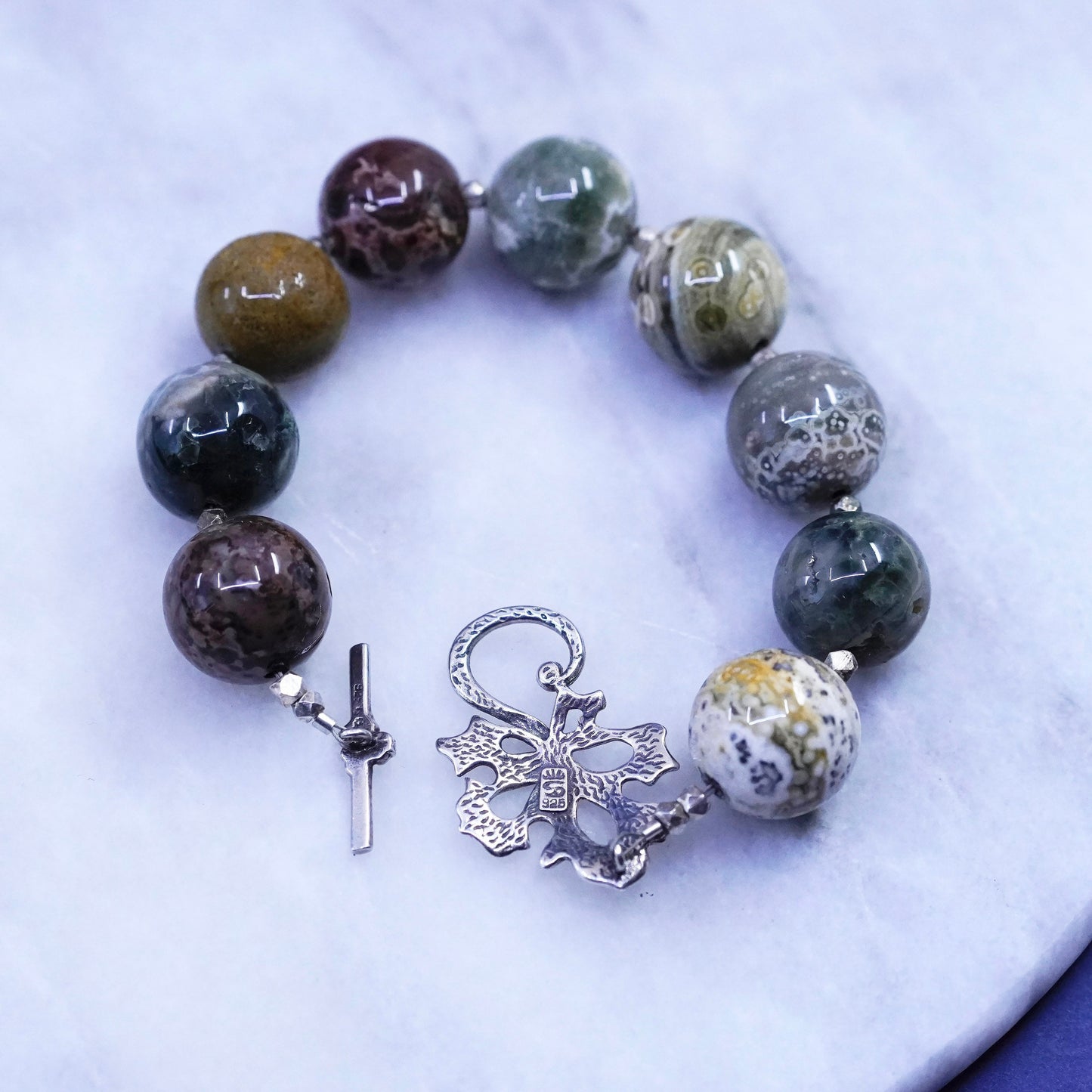 6.75”, sterling silver handmade bracelet, huge genuine agate beads 925 leafy