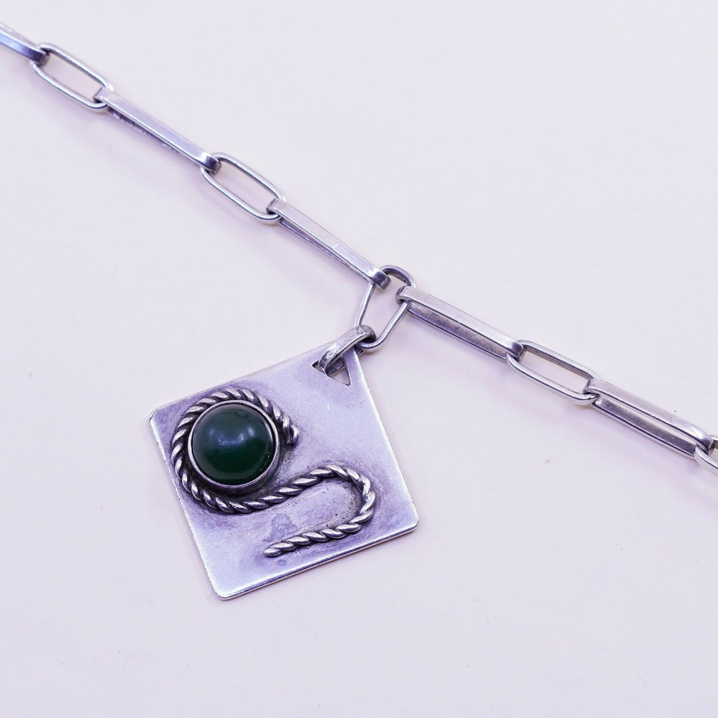 6.25”, vtg sterling silver Handmade elongated chain bracelet square charm jade