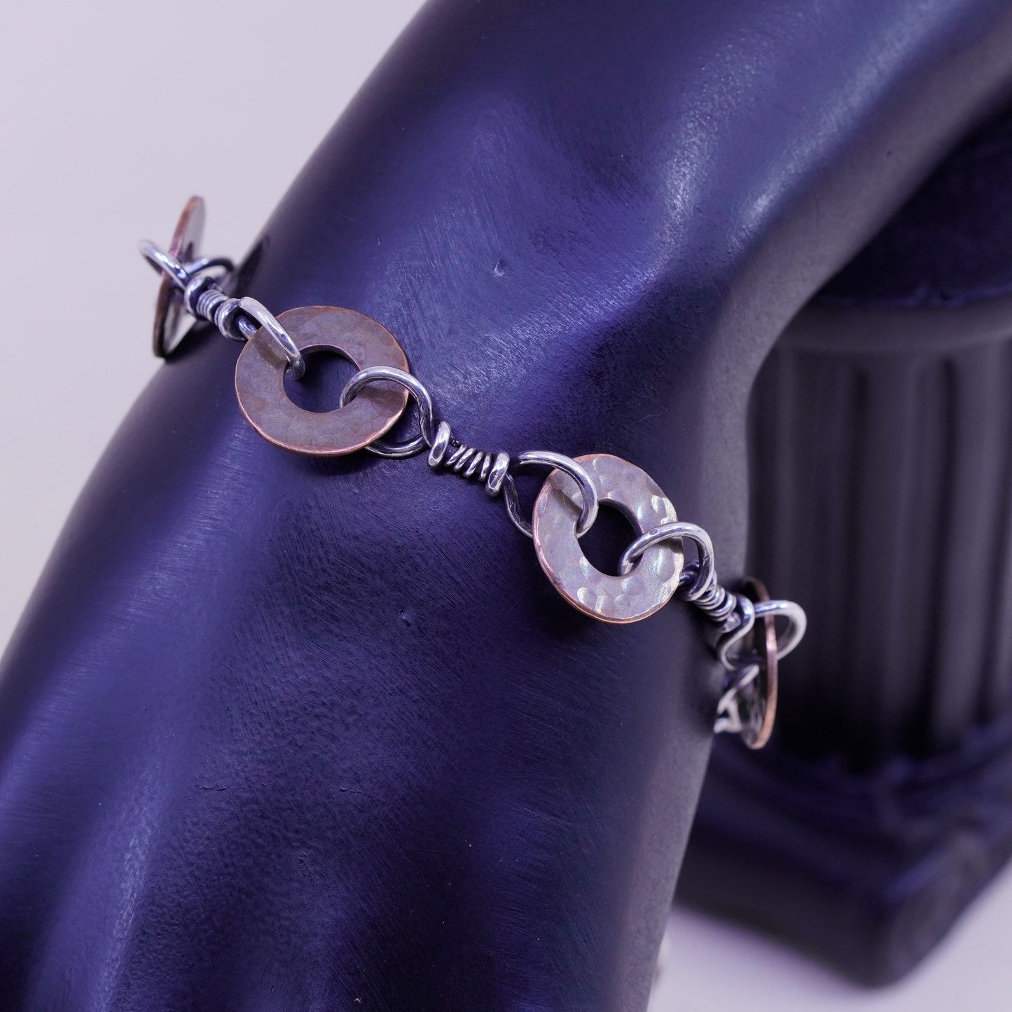 6.25”, Vintage sterling 925 silver bracelet with copper disc