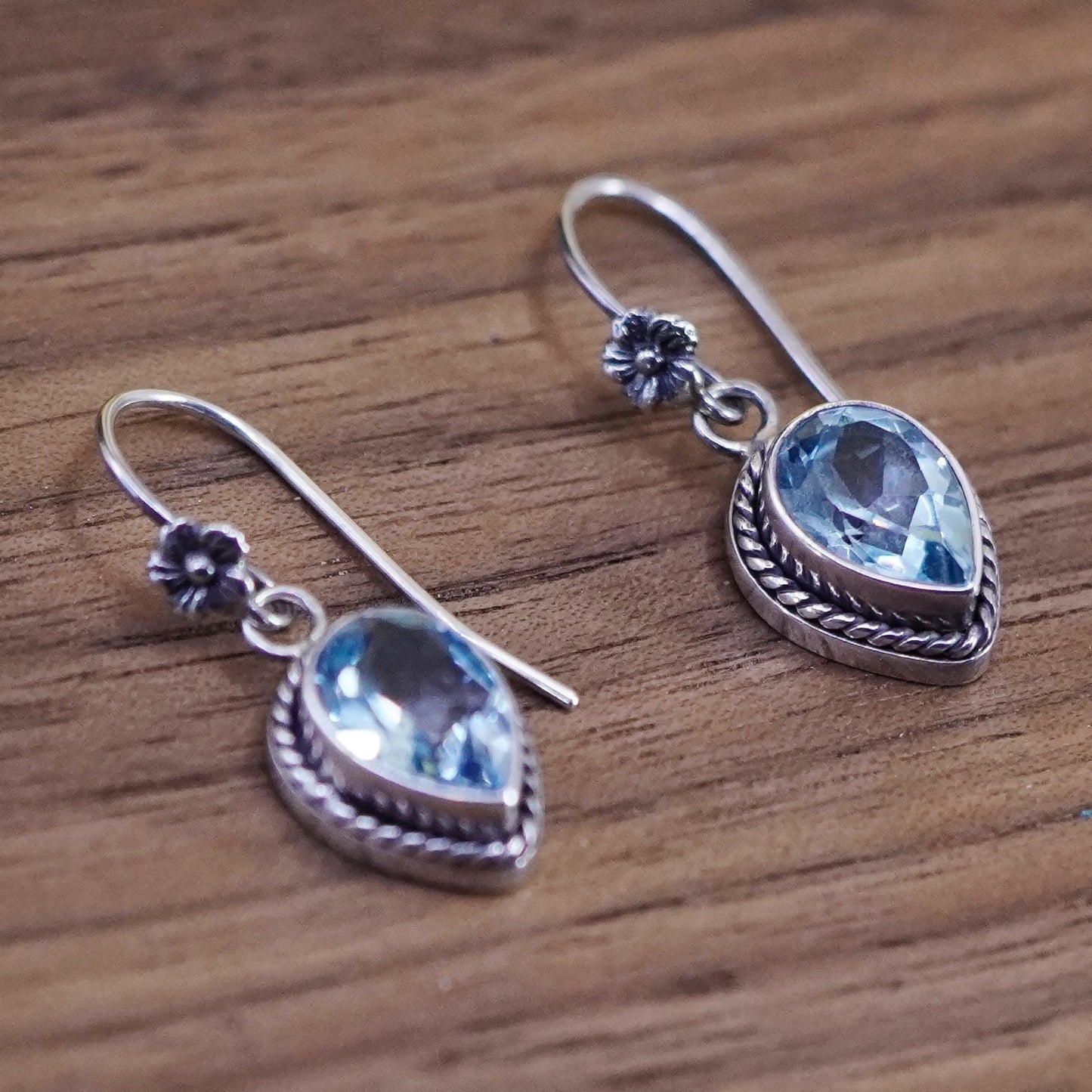 Vintage sterling 925 silver handmade earrings with teardrop topaz and flower