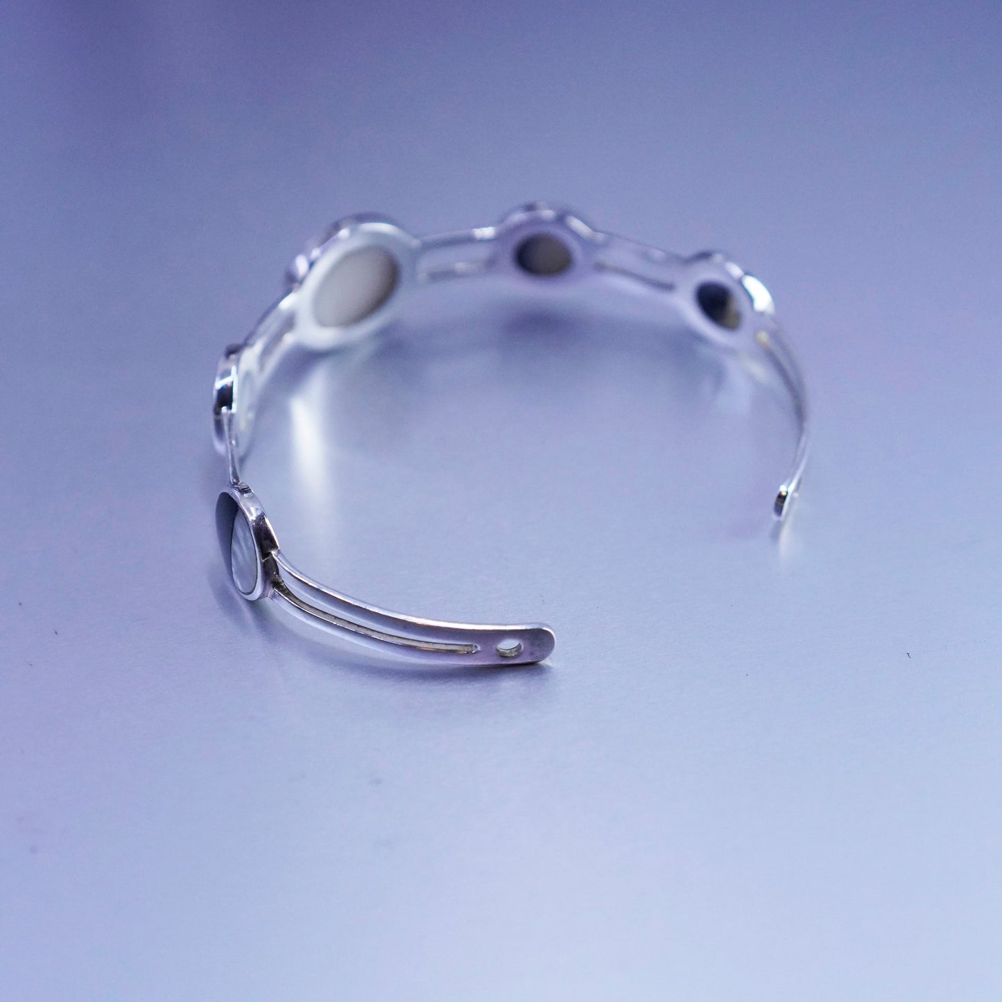 7.25”, Sterling 925 silver handmade bracelet, moon phases cuff mother of pearl