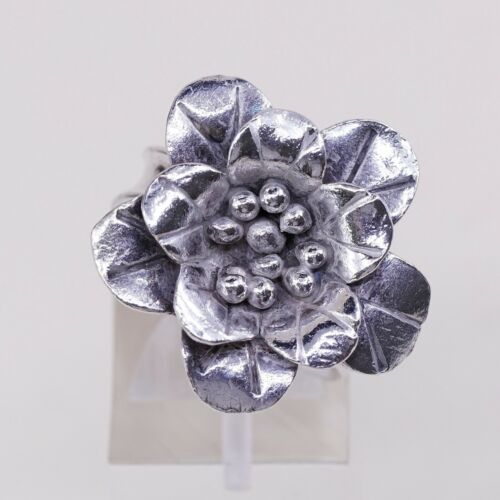 Sz 6.5, Vtg Statement Cocktail Handmade Sterling Silver Flower Ring, Stamped 925