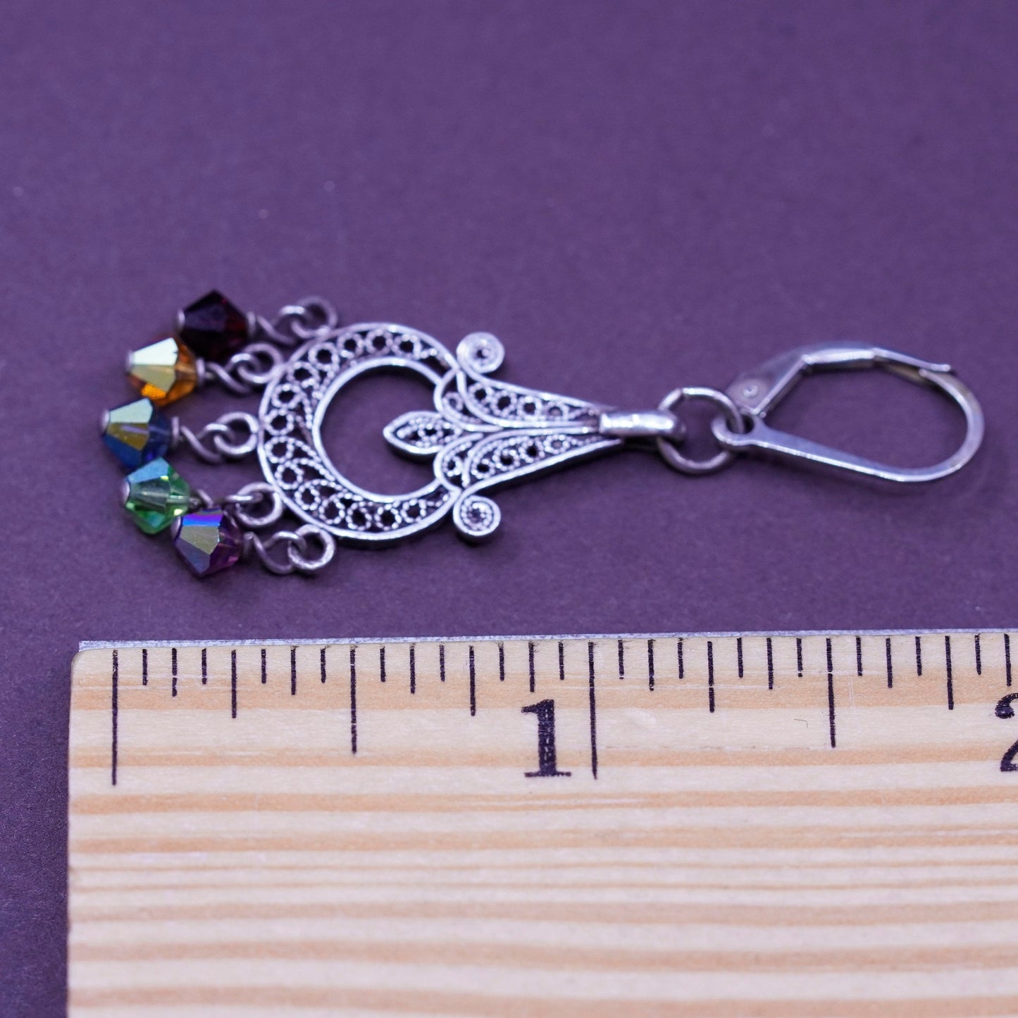 Vintage sterling silver handmade earrings, 925 teardrops filigree w/ gemstones