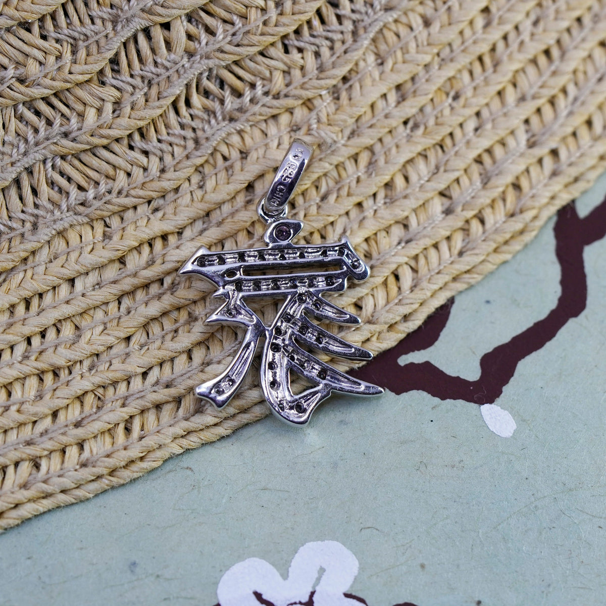 Vintage Sterling 925 silver pendant, Chinese character “family” with cluster cz