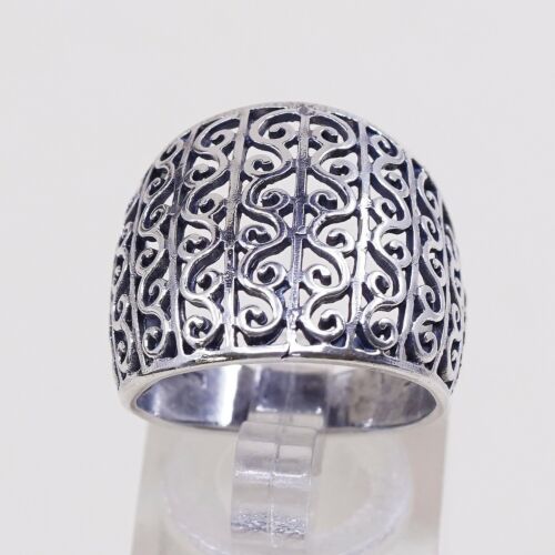 Sz 7.75, Vtg Sterling Silver Handmade Ring, 925 Silver Band W/ filigree swirl