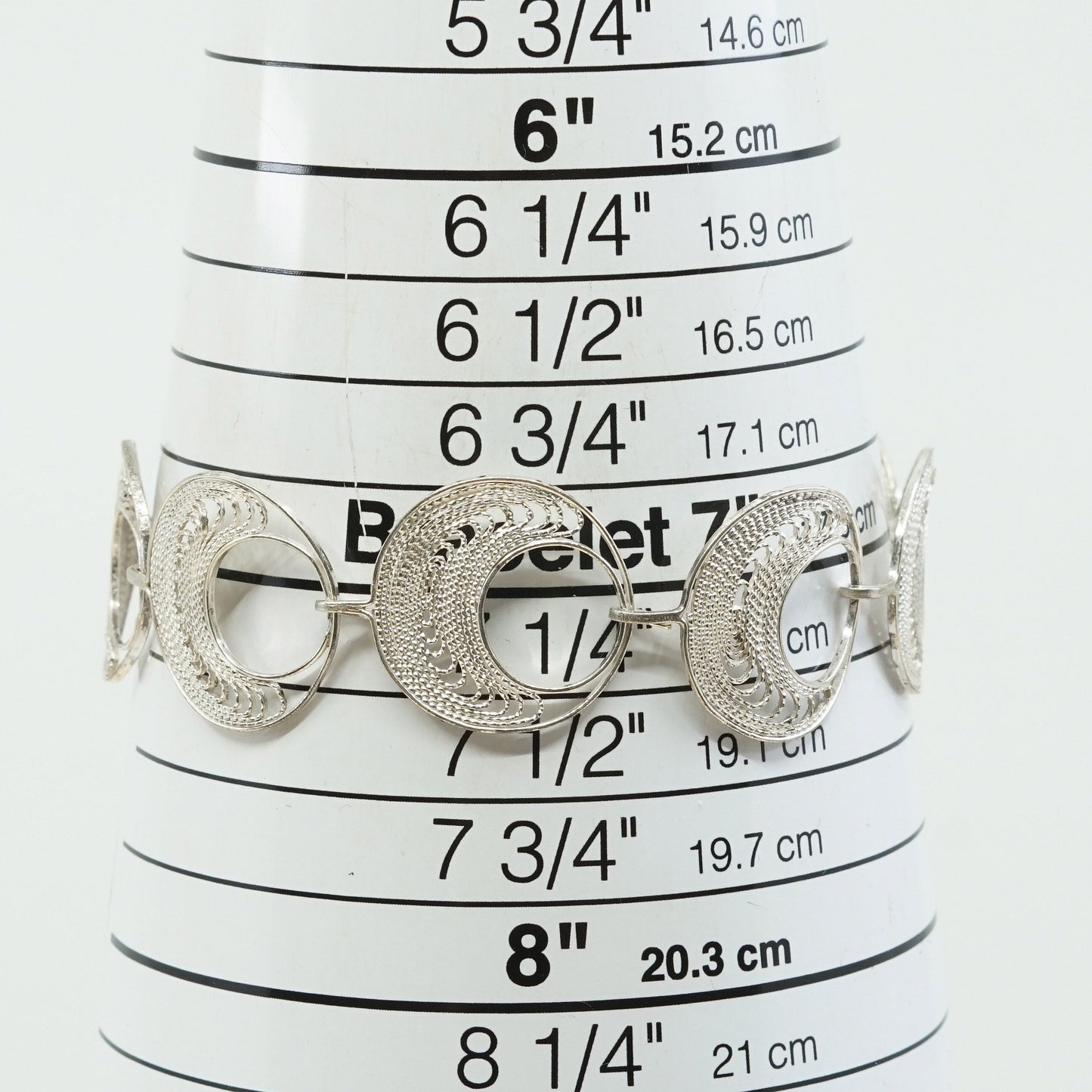 7.25", VTG sterling silver handmade bracelet, 925 filigree circle link chain