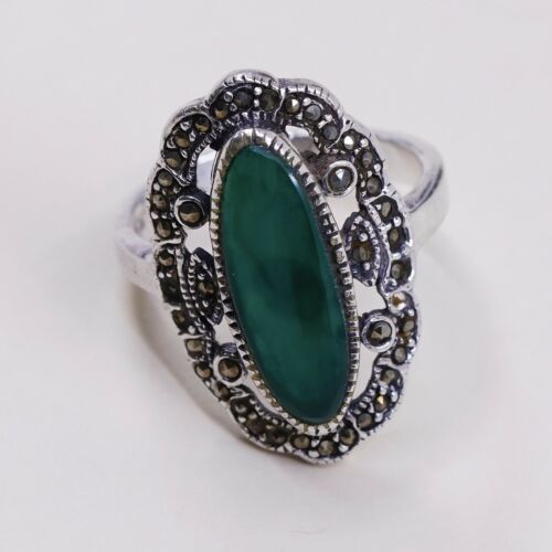 Sz 7.75, Sterling Silver handmade Ring, 925 Silver W/ Emerald n marcasite