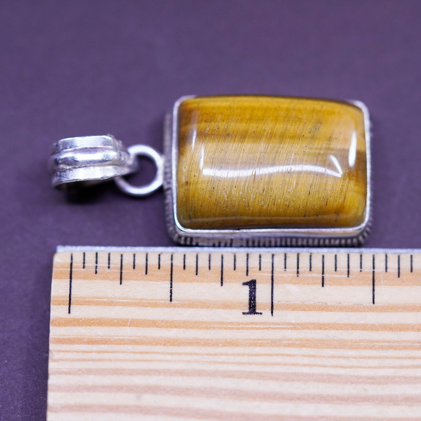 Vintage Sterling 925 silver handmade rectangular pendant with golden tiger eye