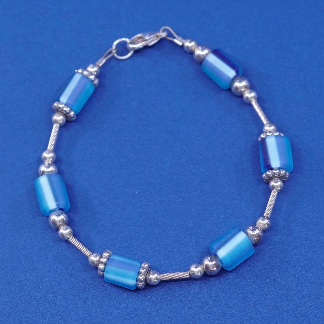 7", vtg handmade sterling silver bracelet, 925 toggle closure w/ glass beads