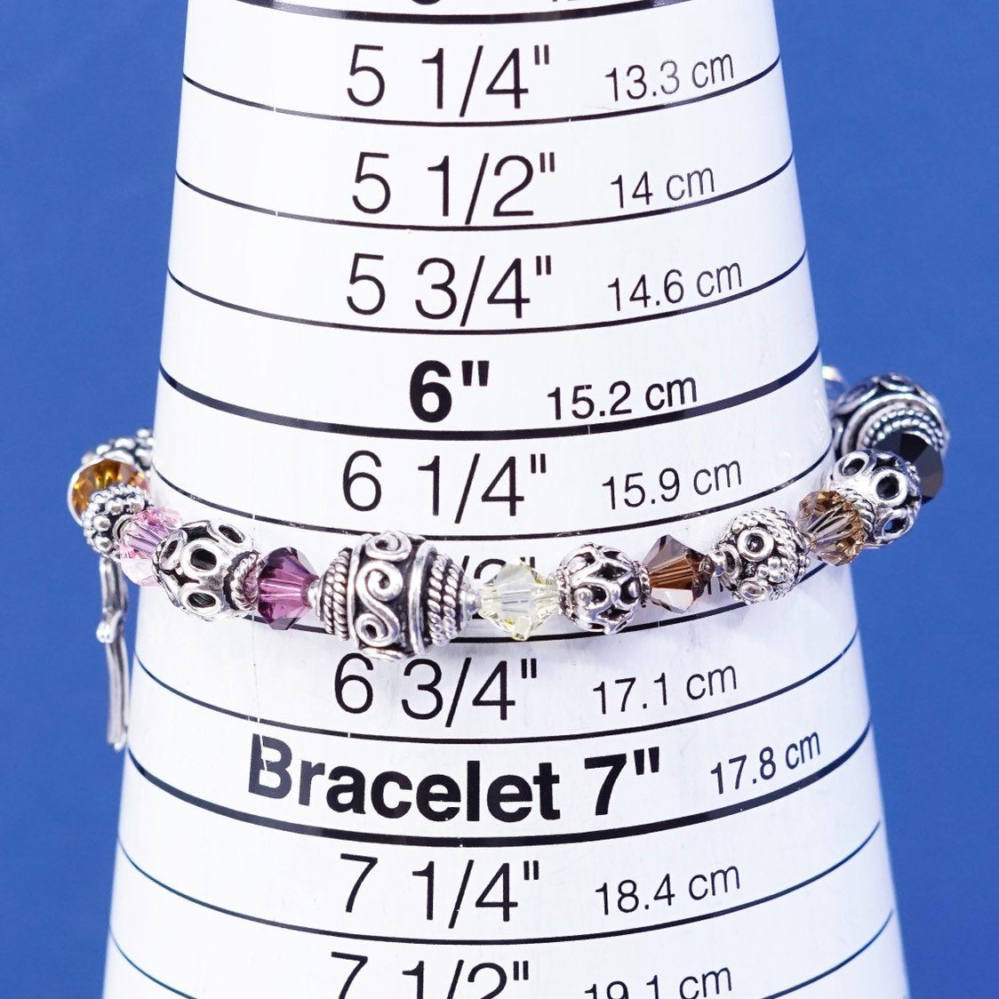 6.5", vtg Sterling 925 silver handmade bracelet w/ Crystal beads N cross charm