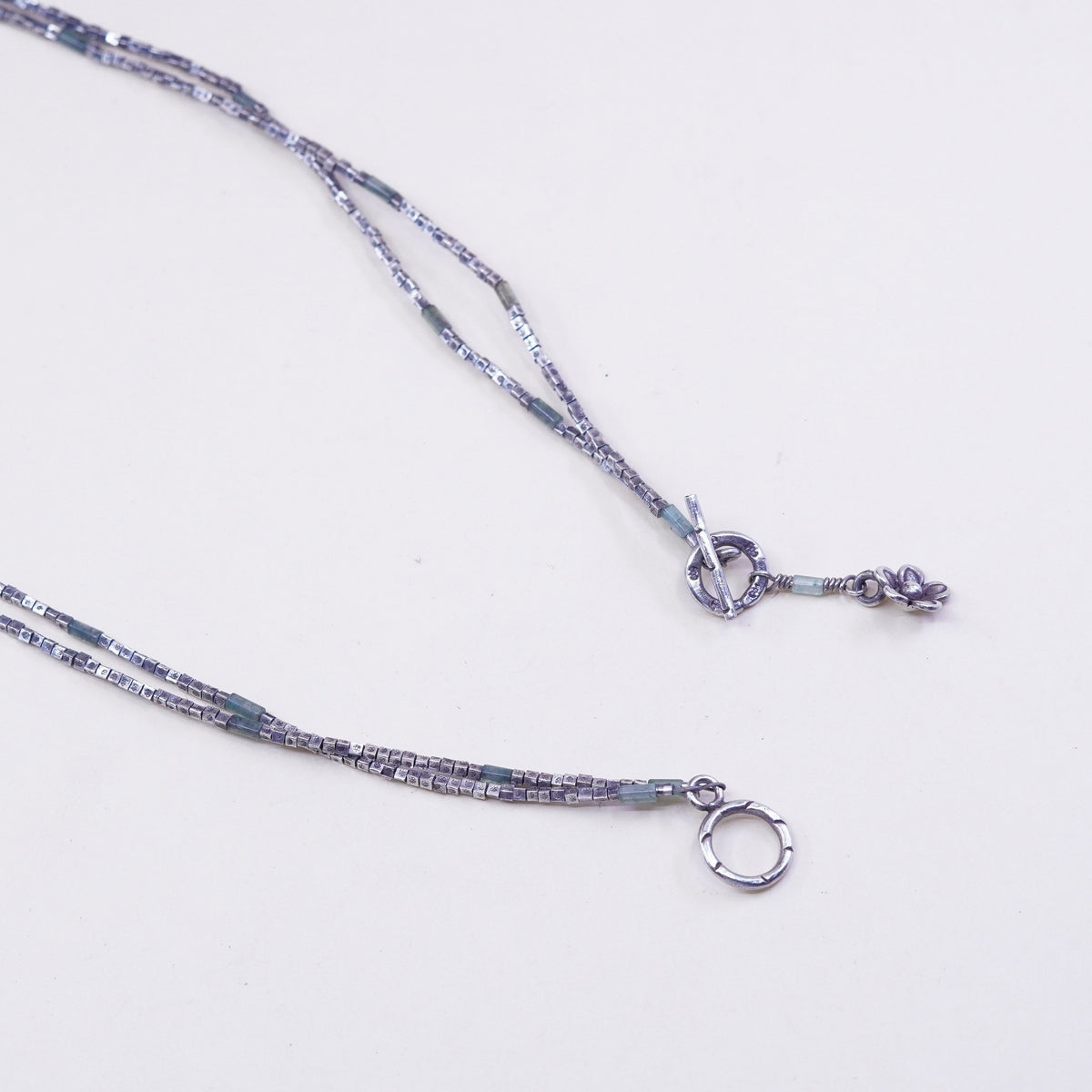 18”, Sterling silver double strands necklace 925 nugget chain w/ flower pendant