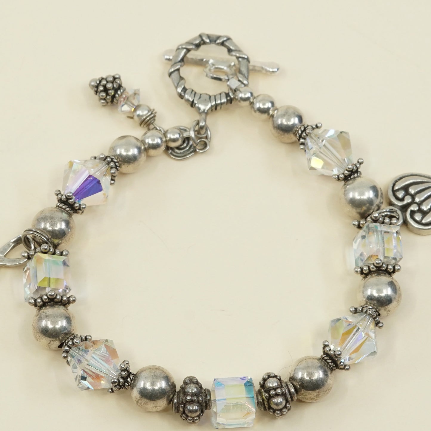 7", VTG Sterling silver handmade bracelet, 925 beads w/ crystal beads N heart