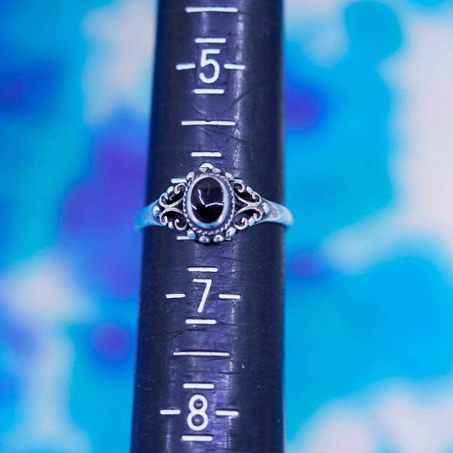 Size 6, vintage Sterling 925 silver handmade ring with onyx and beads