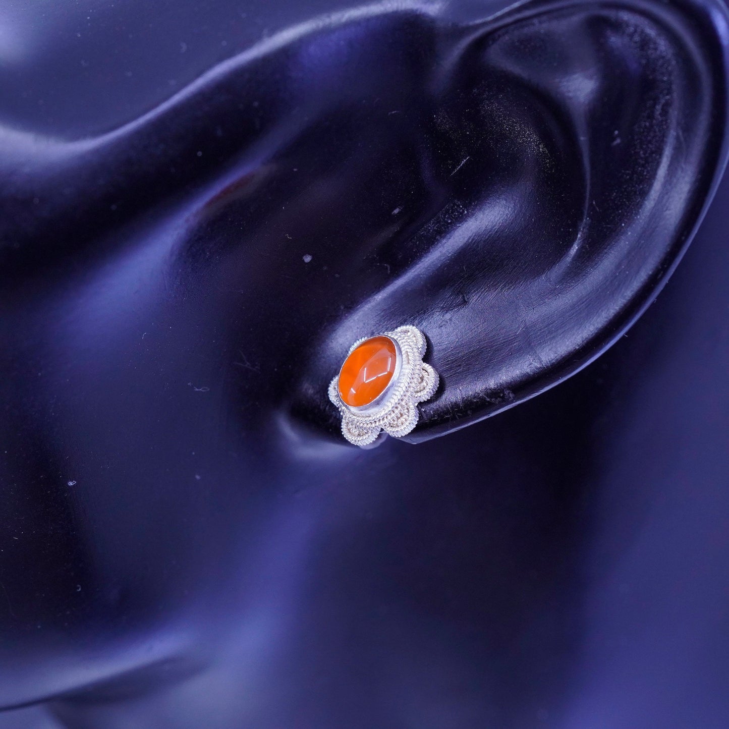 Vintage Sterling 925 silver handmade earrings, floral studs with carnelian