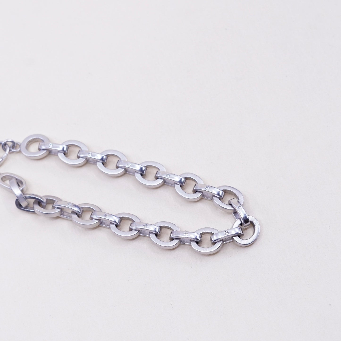 7.25”, vtg sterling silver handmade bracelet, matted 925 oval chain w/ diamond