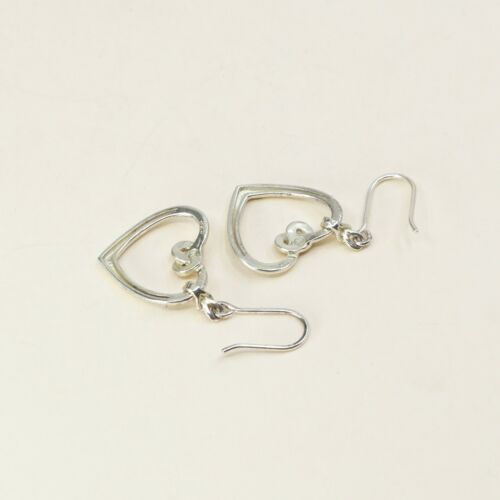 Vtg Handmade Wired 925 Sterling Silver Heart Dangle Hoop Earrings, Stamped 925