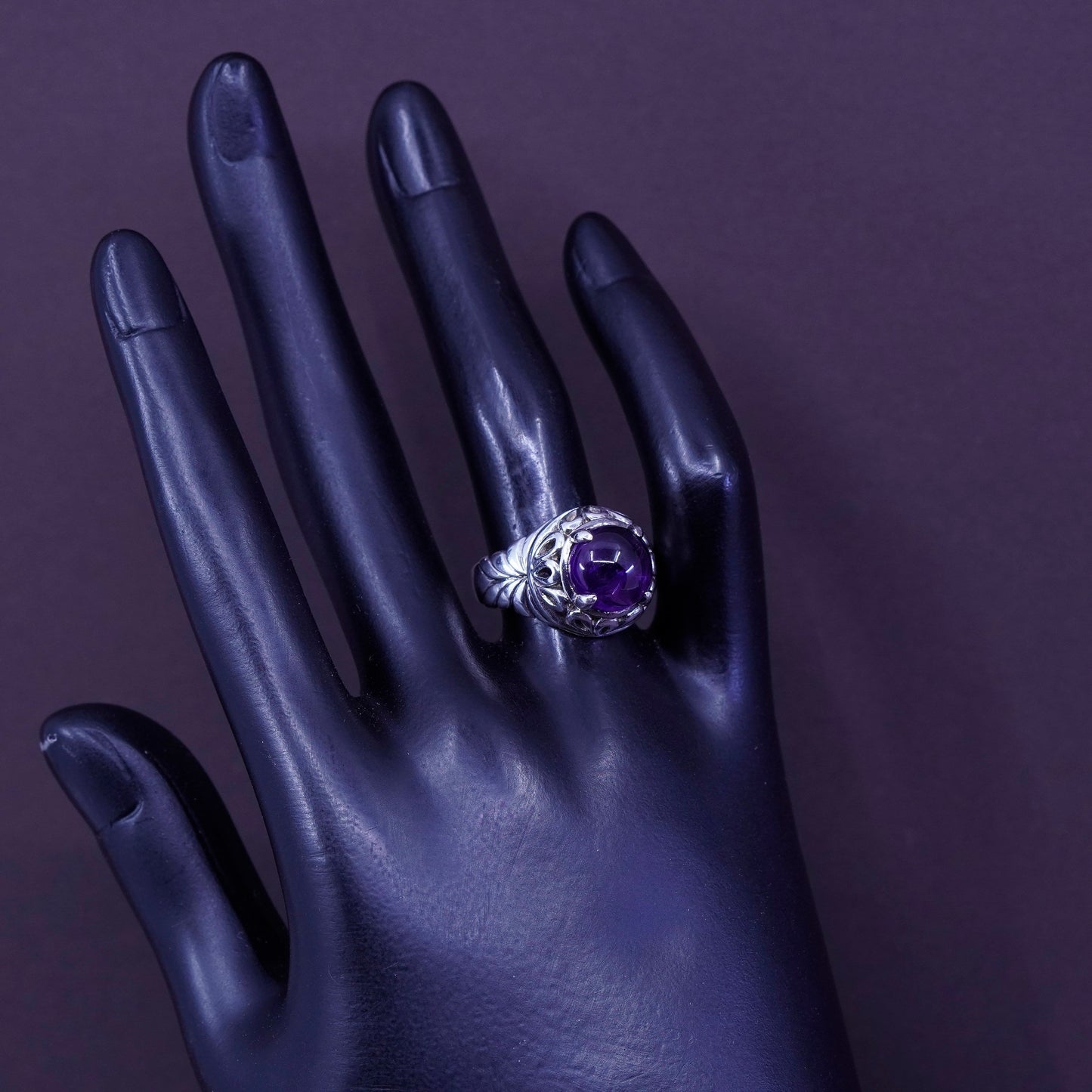 Size 8.25, vintage SLC filigree Sterling 925 silver handmade ring with amethyst