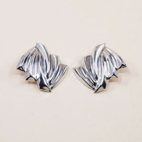 Vtg Modern STERLING 925 SILVER Mexican Handmade Earrings, Ribbed 925 Clip On