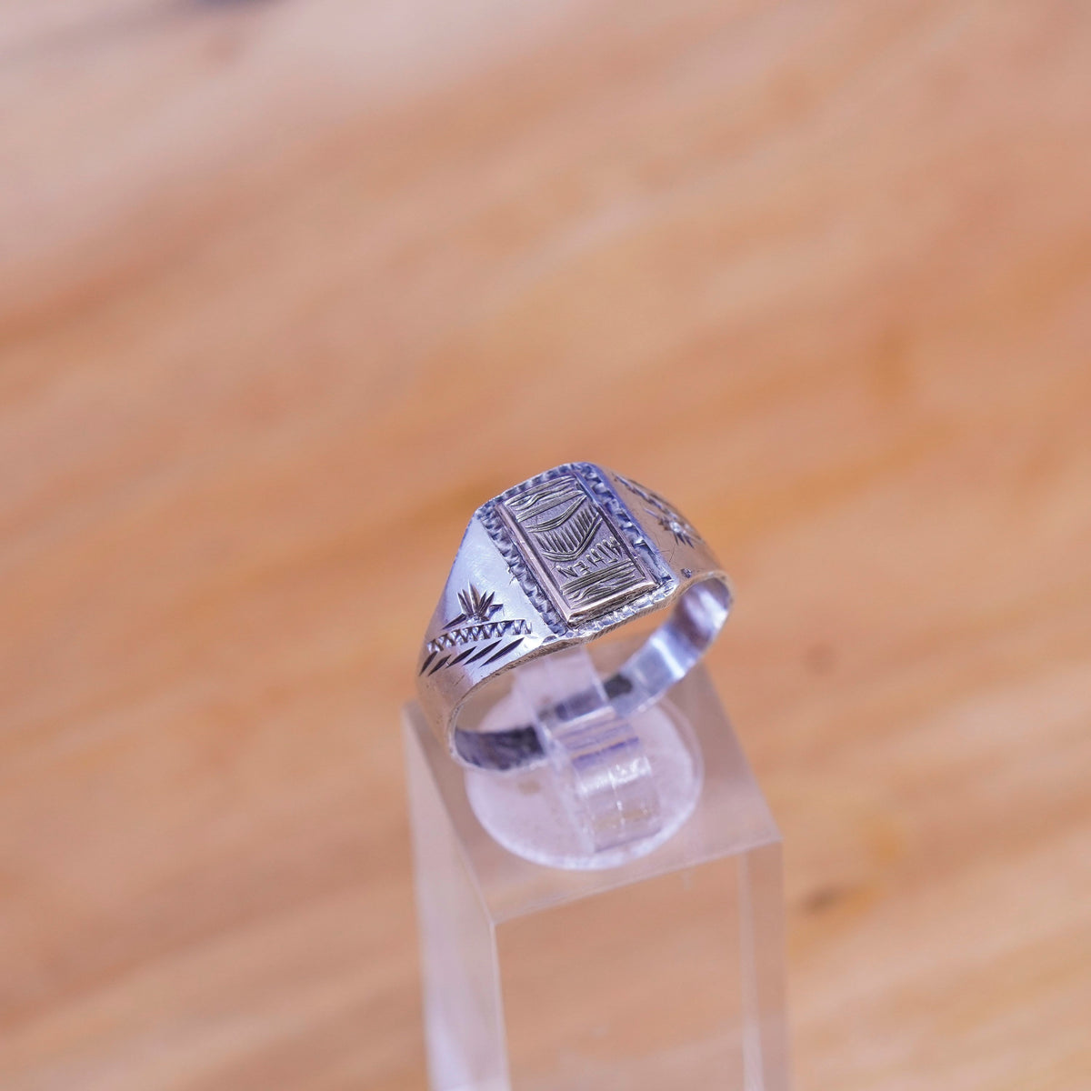 size 9, vtg Sterling silver handmade ring, statement 900 band with GF athen top