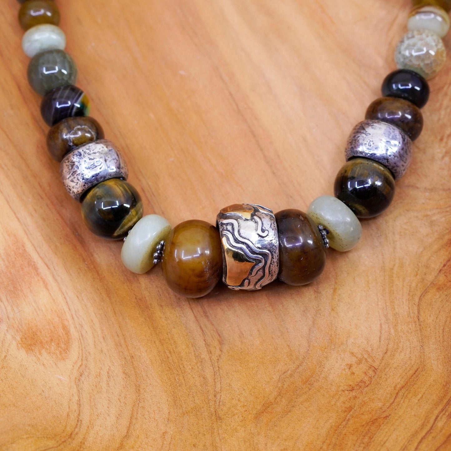 18”, vintage handmade necklace, genuine golden tiger eye, agate jade beads