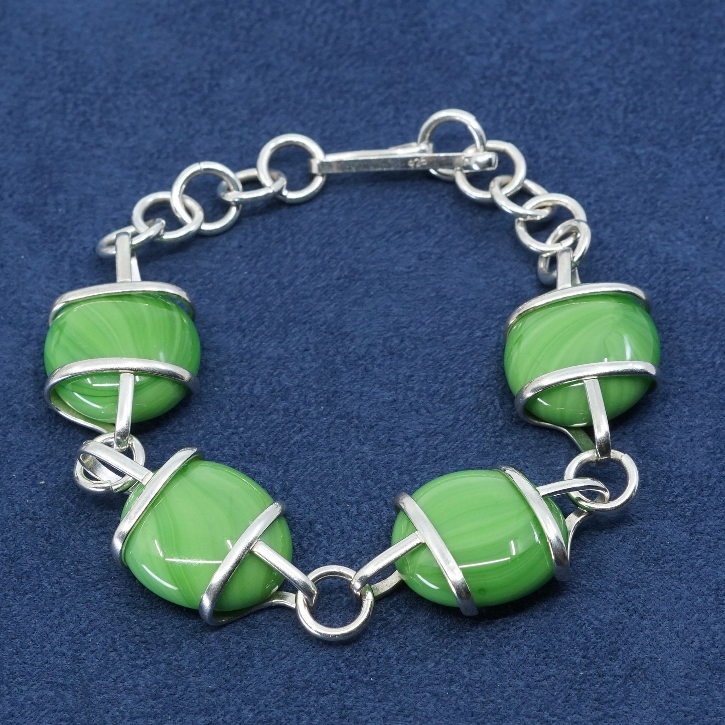 7.25", vtg sterling silver handmade bracelet, agate beads N 925 toggle closure