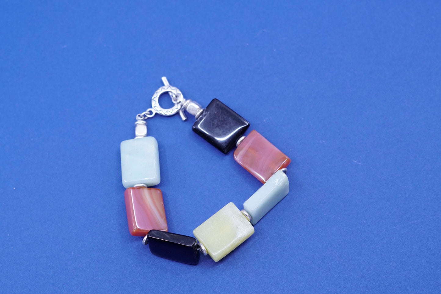 6.5”, Sterling silver handmade bracelet, 925 toggle w/ jade agate obsidian