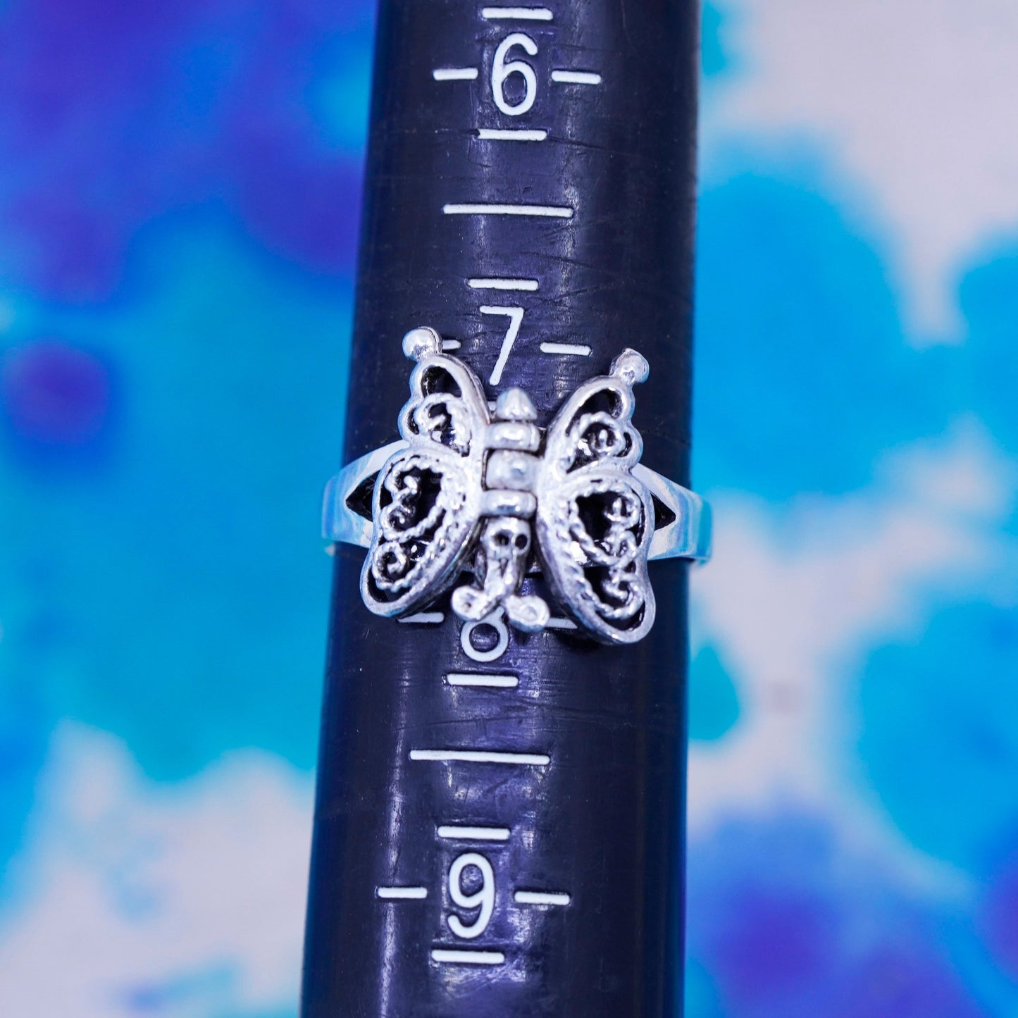 Size 7.5, sterling silver handmade ring, 925 filigree butterfly movable wings