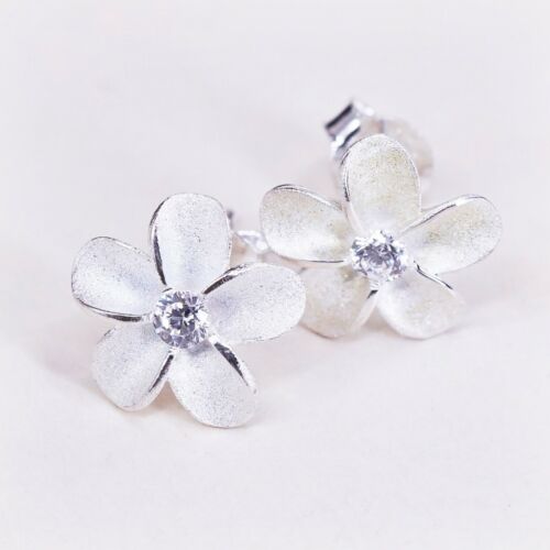 Vintage Sterling Silver Handmade Earrings, 925 Silver Flower Studs W/ Cz