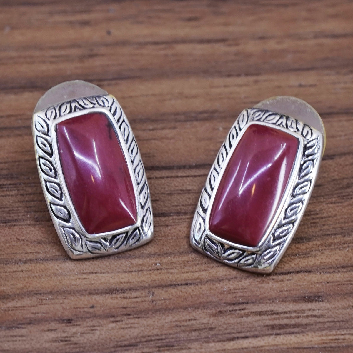 vtg Mexico Sterling silver handmade earrings, 925 rectangular studs red jasper