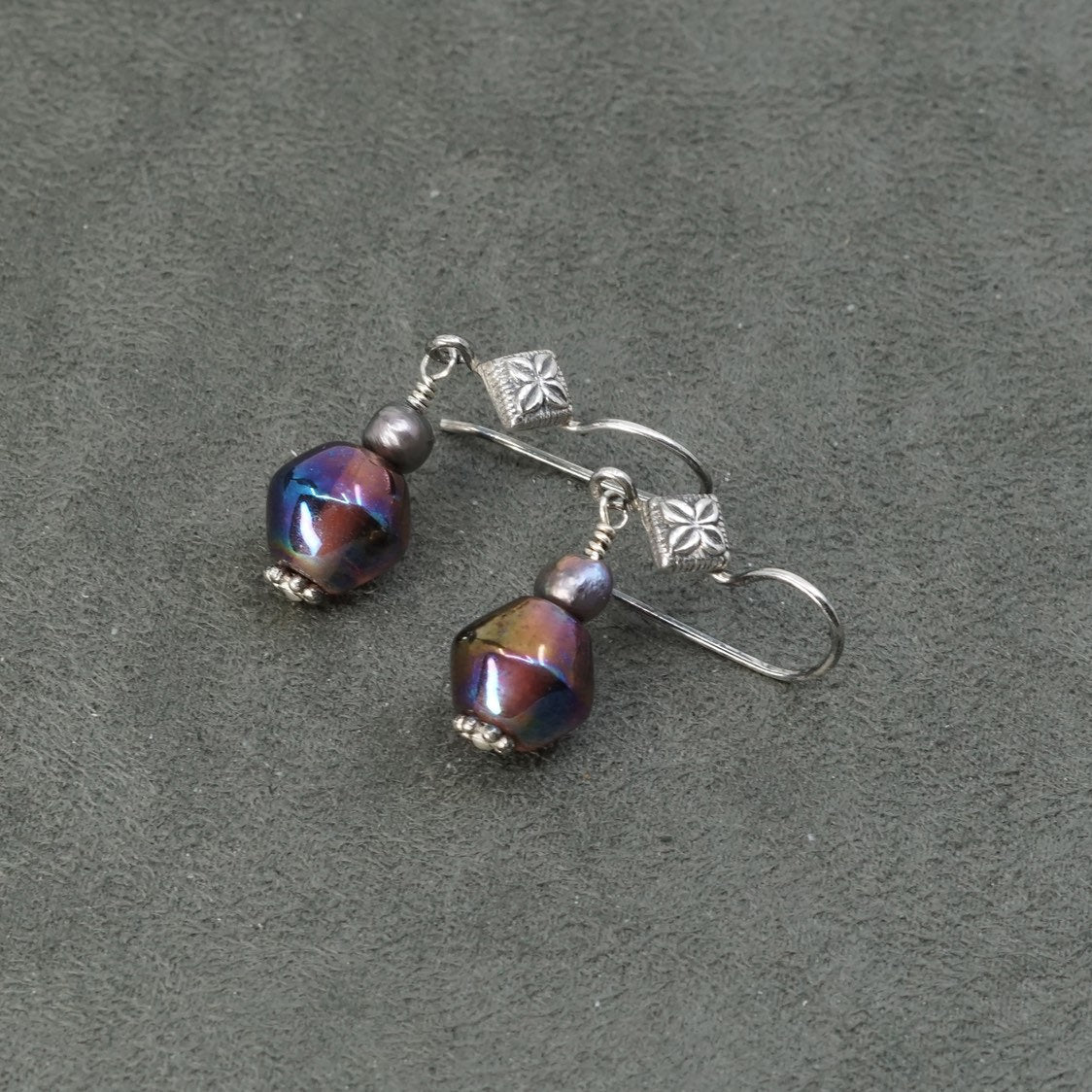 Sterling silver hoop handmade earrings, 925 red glass beads, Stamped 925