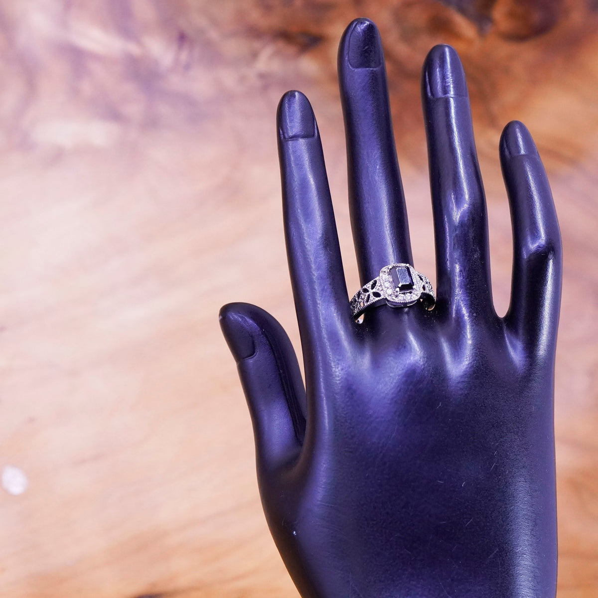 Size 8.5, Vintage Sterling silver handmade ring, Mexico 925 obsidian with cz