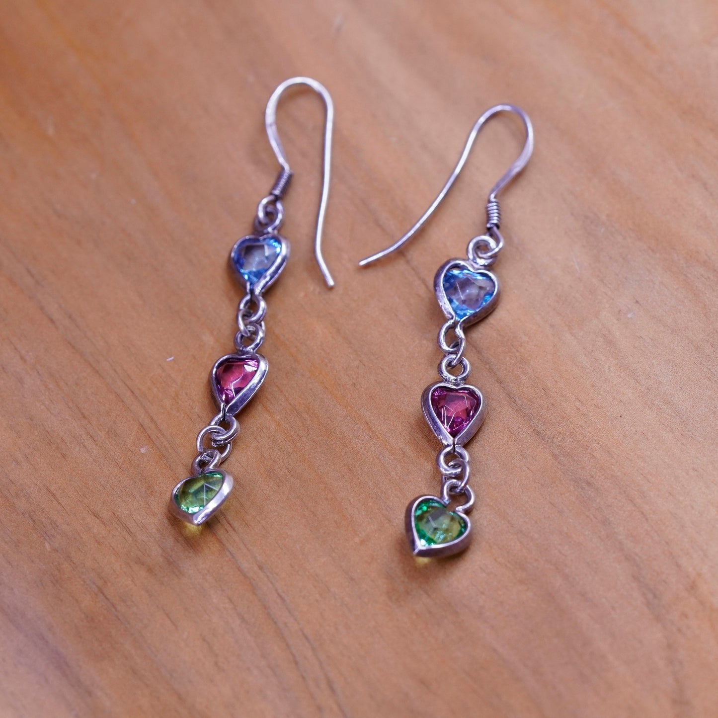 Vintage Sterling silver handmade earrings, 925 heart cz drops