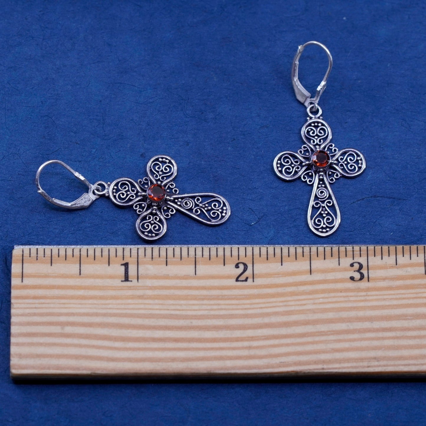 Vintage Sterling silver handmade earrings, 925 filigree cross with ruby