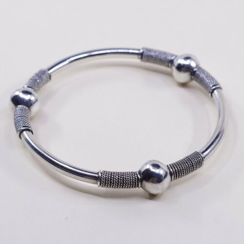 7.75”, Estate Vtg Mexico 925 Sterling Silver Handmade Bangle Bracelet W/ Beads