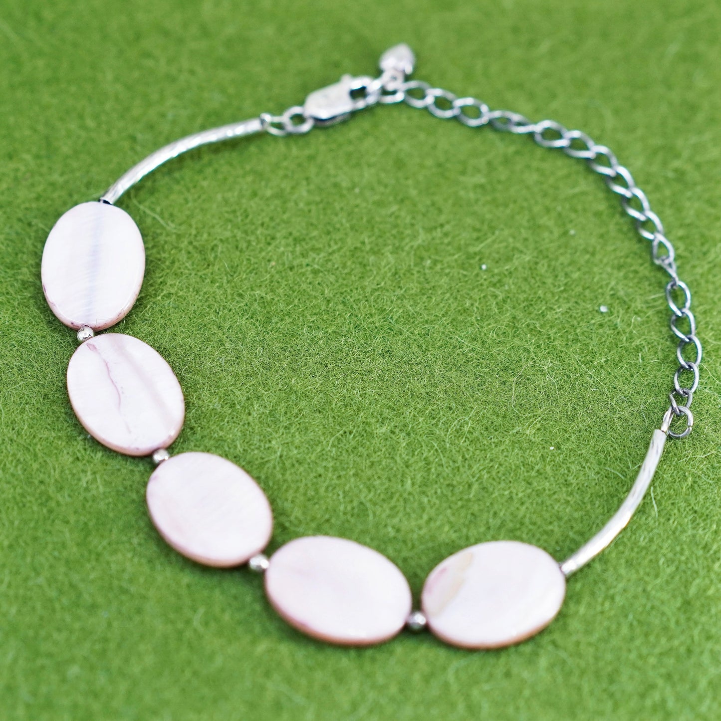 7+3”, Sterling silver bracelet, Mexico 925 chain with pink mother of pearl