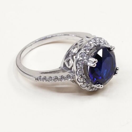 Sz 7.5, Sterling Silver Ring, 925 Silver Engagement Ring W/ Round blue Sapphire