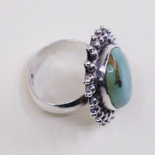 Sz 7, Vtg Sterling Silver Handmade Ring W/ Oval Turquoise N Beads, Stamped 925