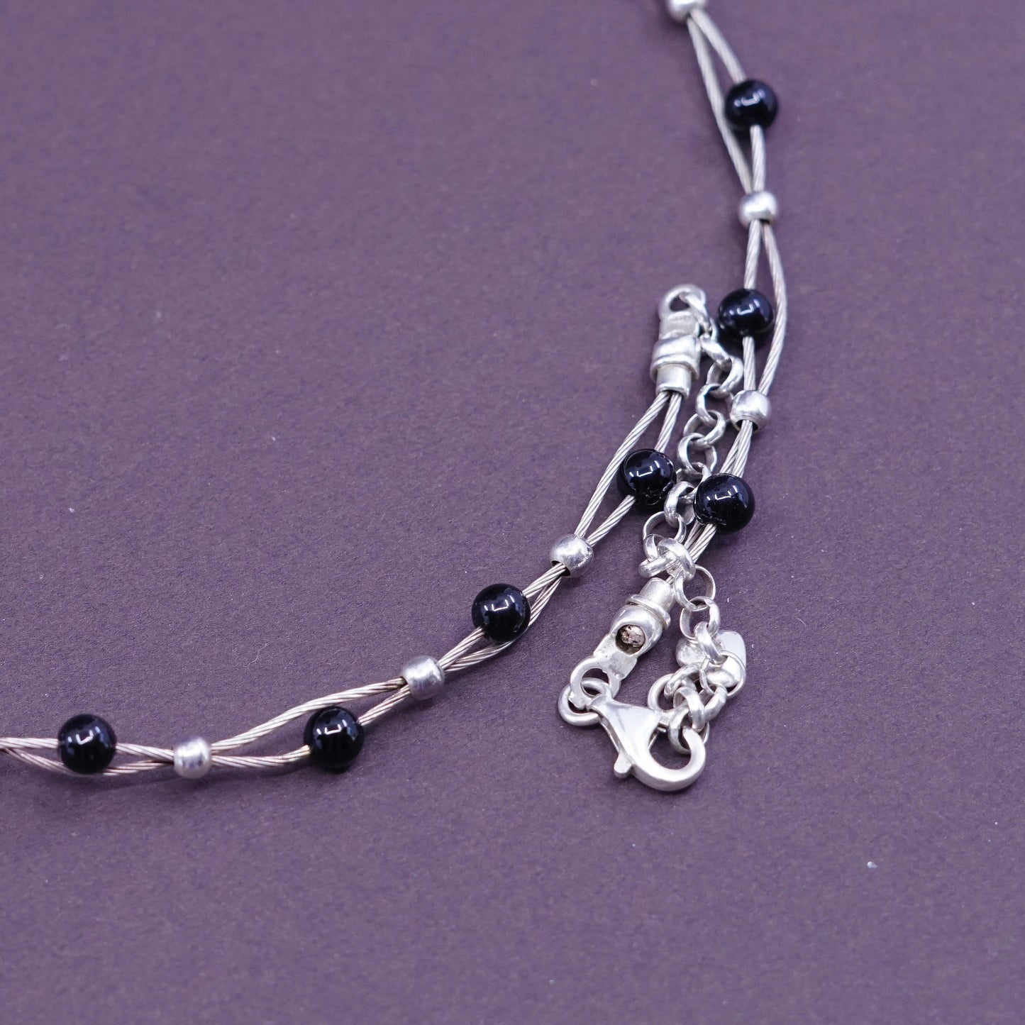 14+2”, Vintage Sterling 925 silver handmade twisted chain with obsidian beads