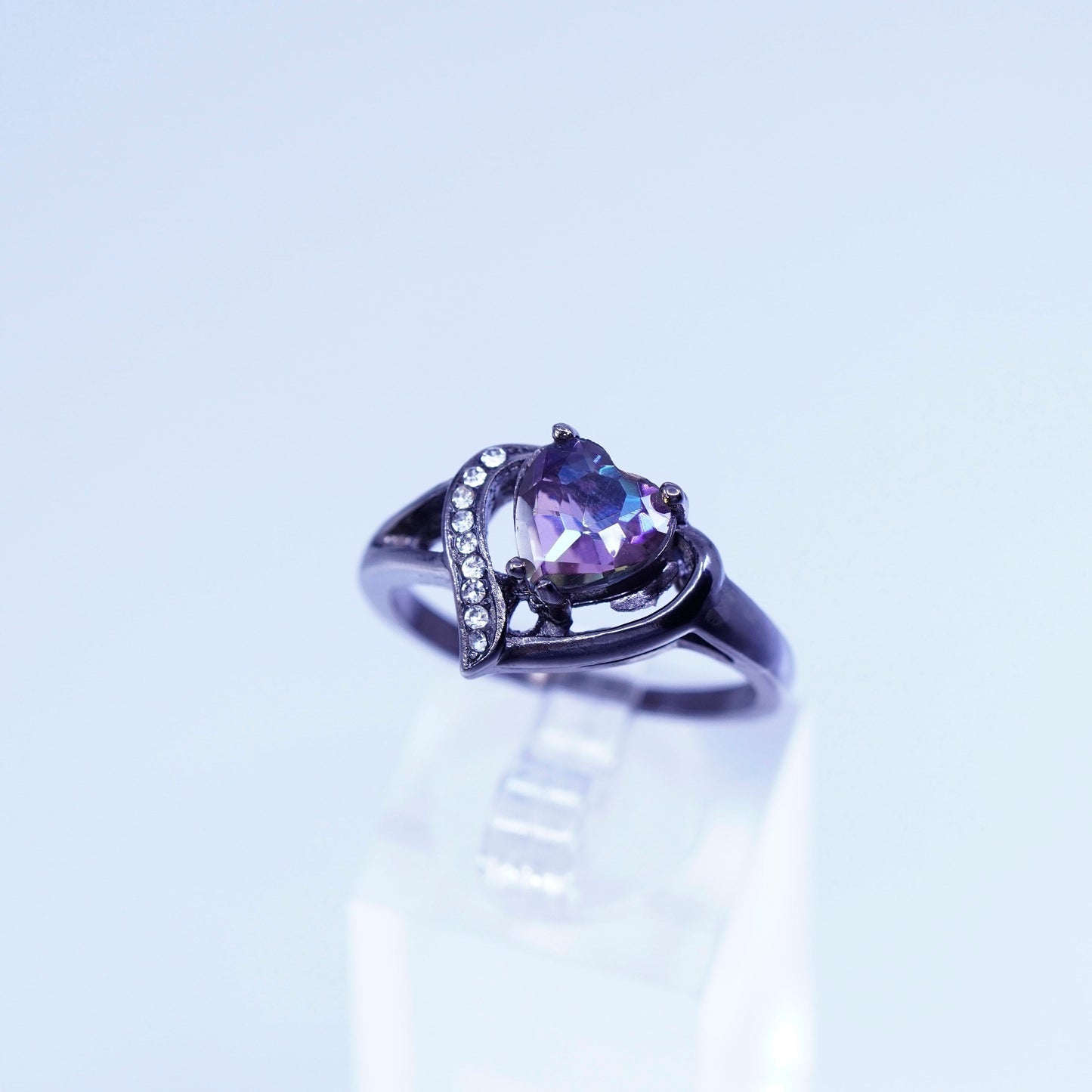 Size 10.25, vintage Sterling 925 silver handmade oxidized ring amethyst and Cz