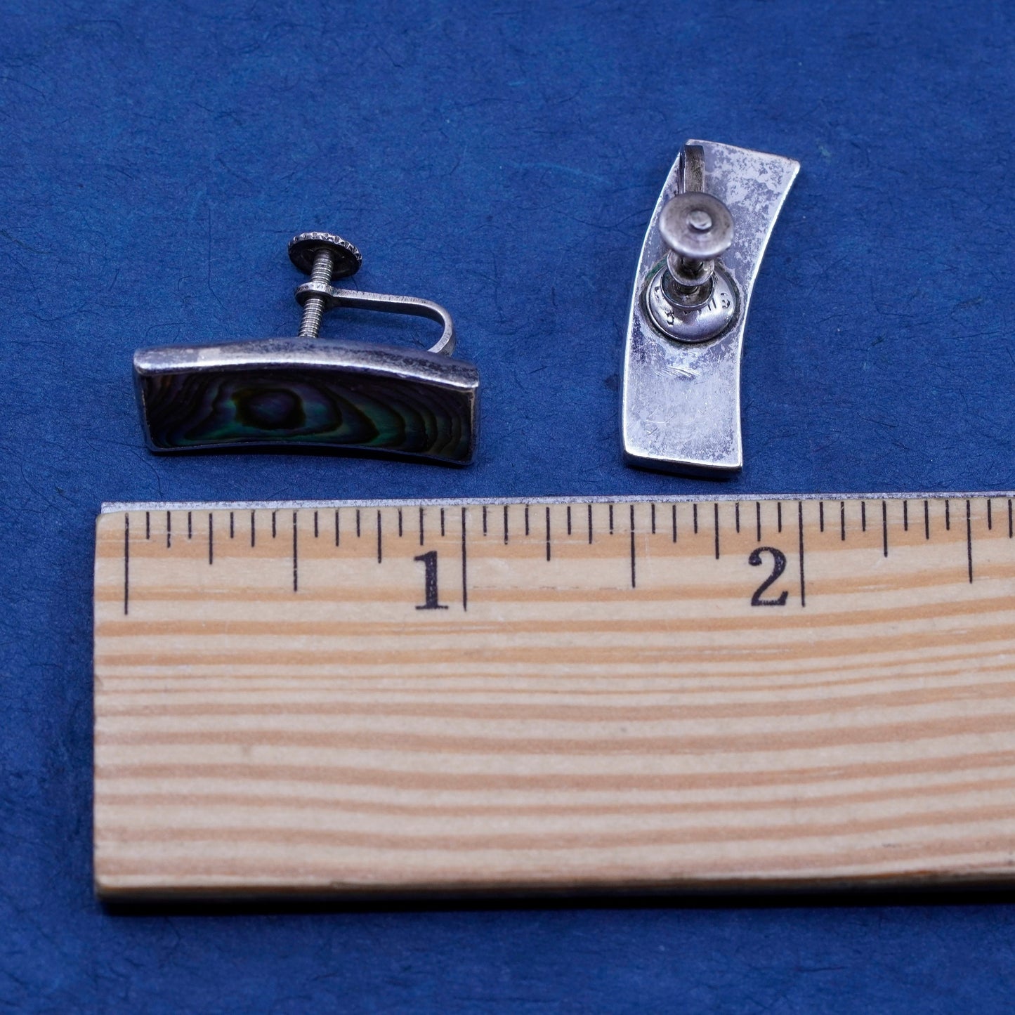 Vintage Sterling 925 silver screw back curvy earrings with abalone inlay