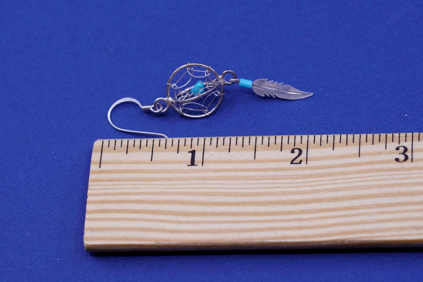 sterling silver earrings, 925 netted circle with turquoise and feather dangles