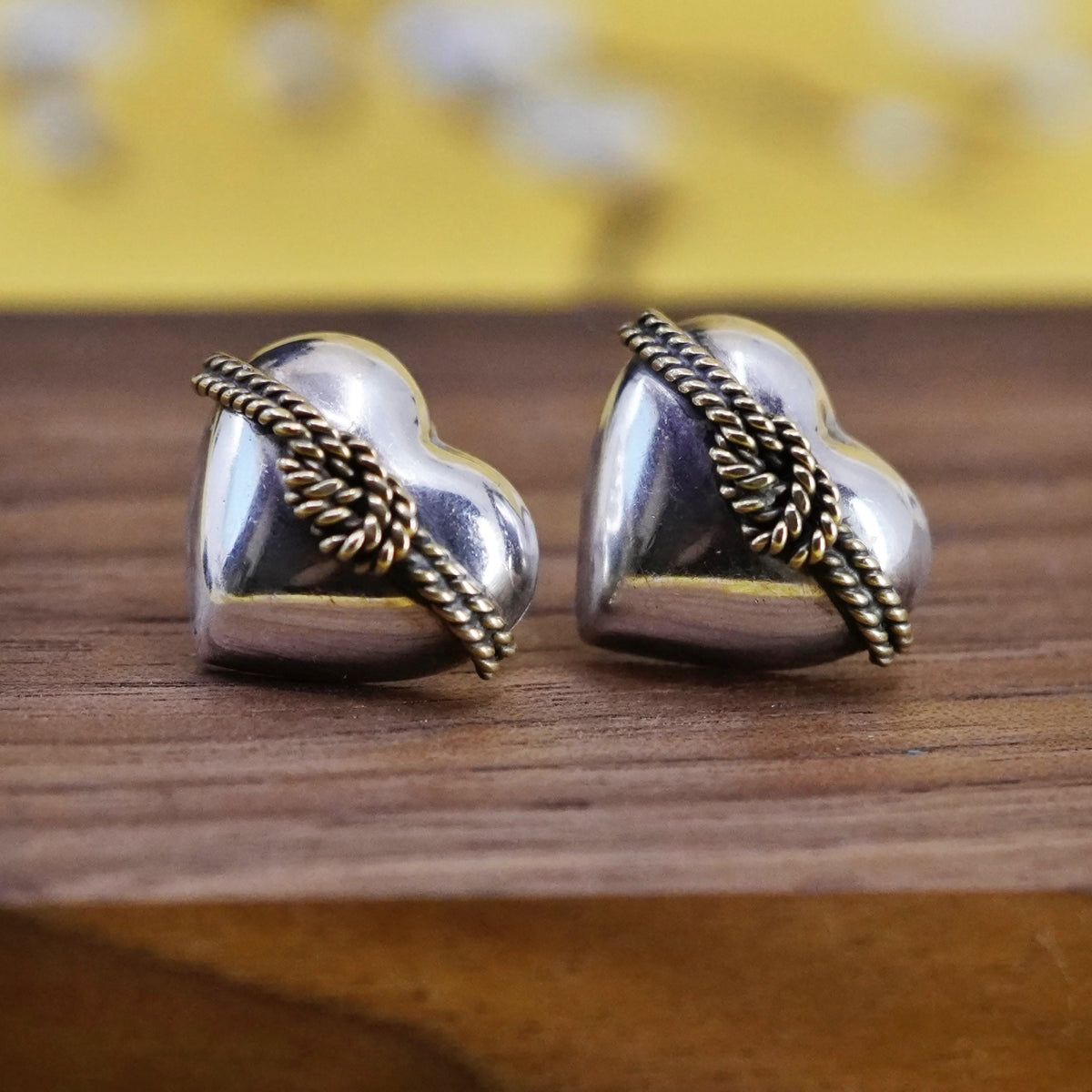 Two Tone Sterling silver handmade earrings, mexico 925 heart studs brass cable