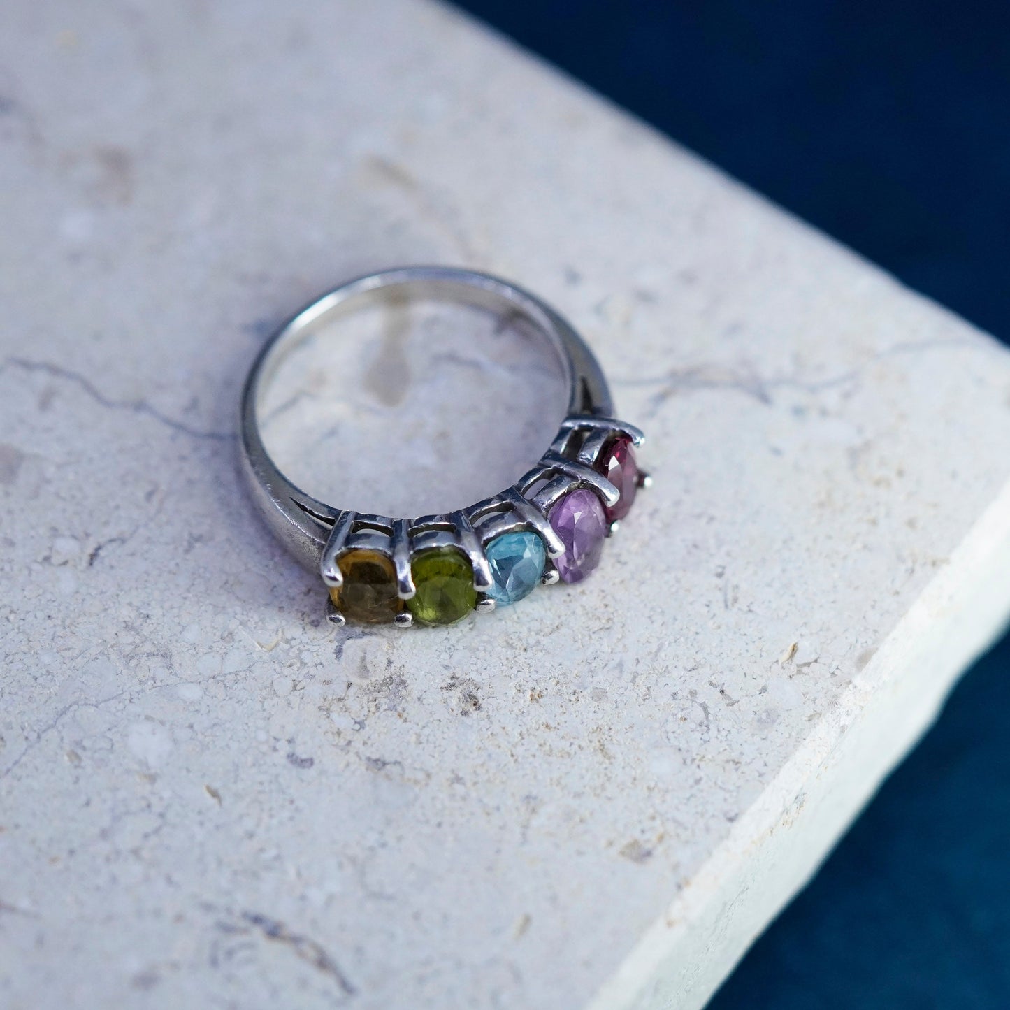 Size 7.25, VTG Sterling silver 925 handmade ring peridot citrine amethyst topaz