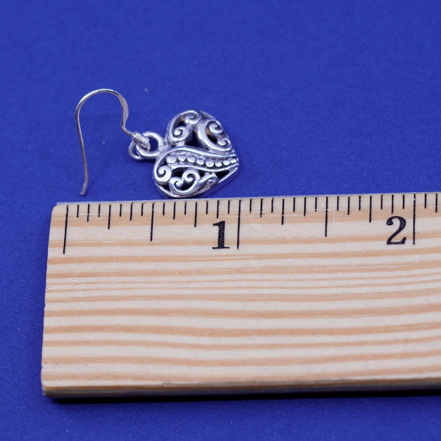 Vintage Sterling silver handmade earrings, 925 Bali filigree heart drops