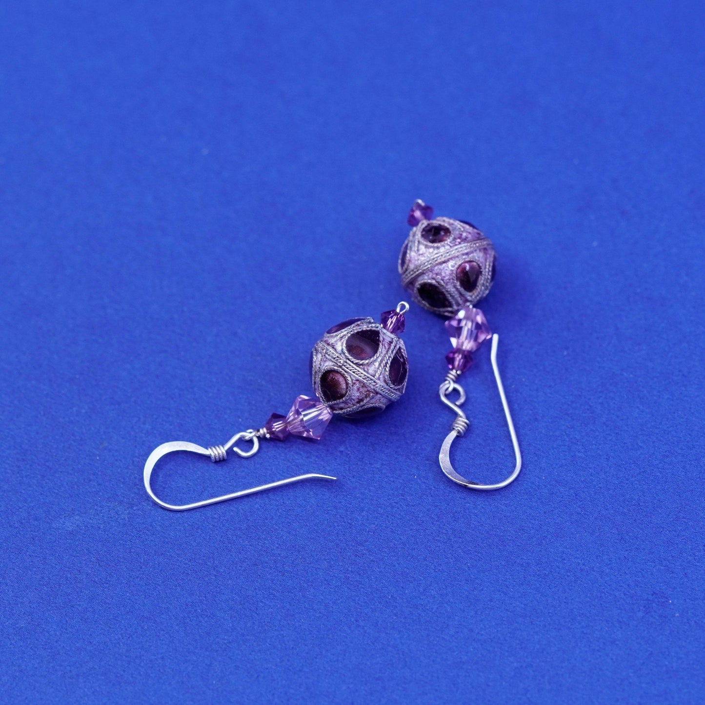 Vintage sterling silver handmade earrings, 925 filigree Bali enamel drop